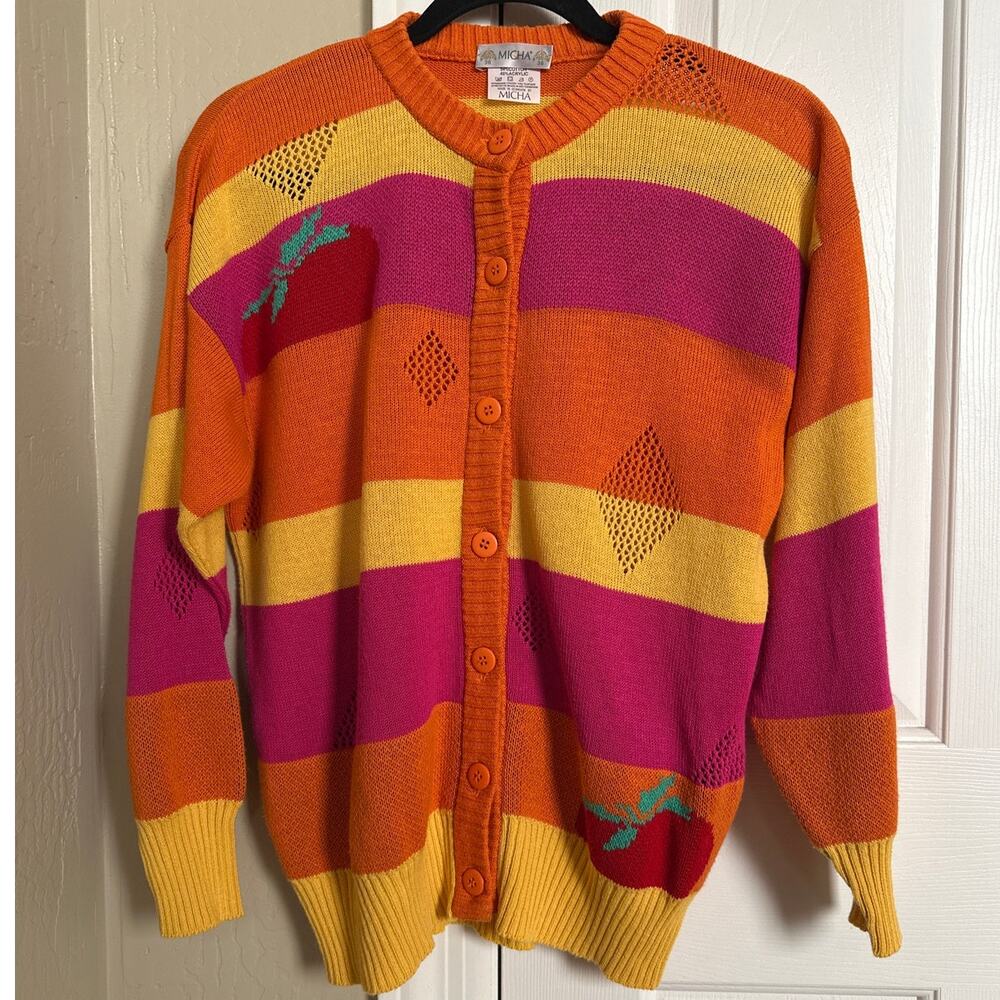 Vintage Micha Denmark Cardigan - Striped Fruit Apple Patch Sweater Sz S (US 4/6)